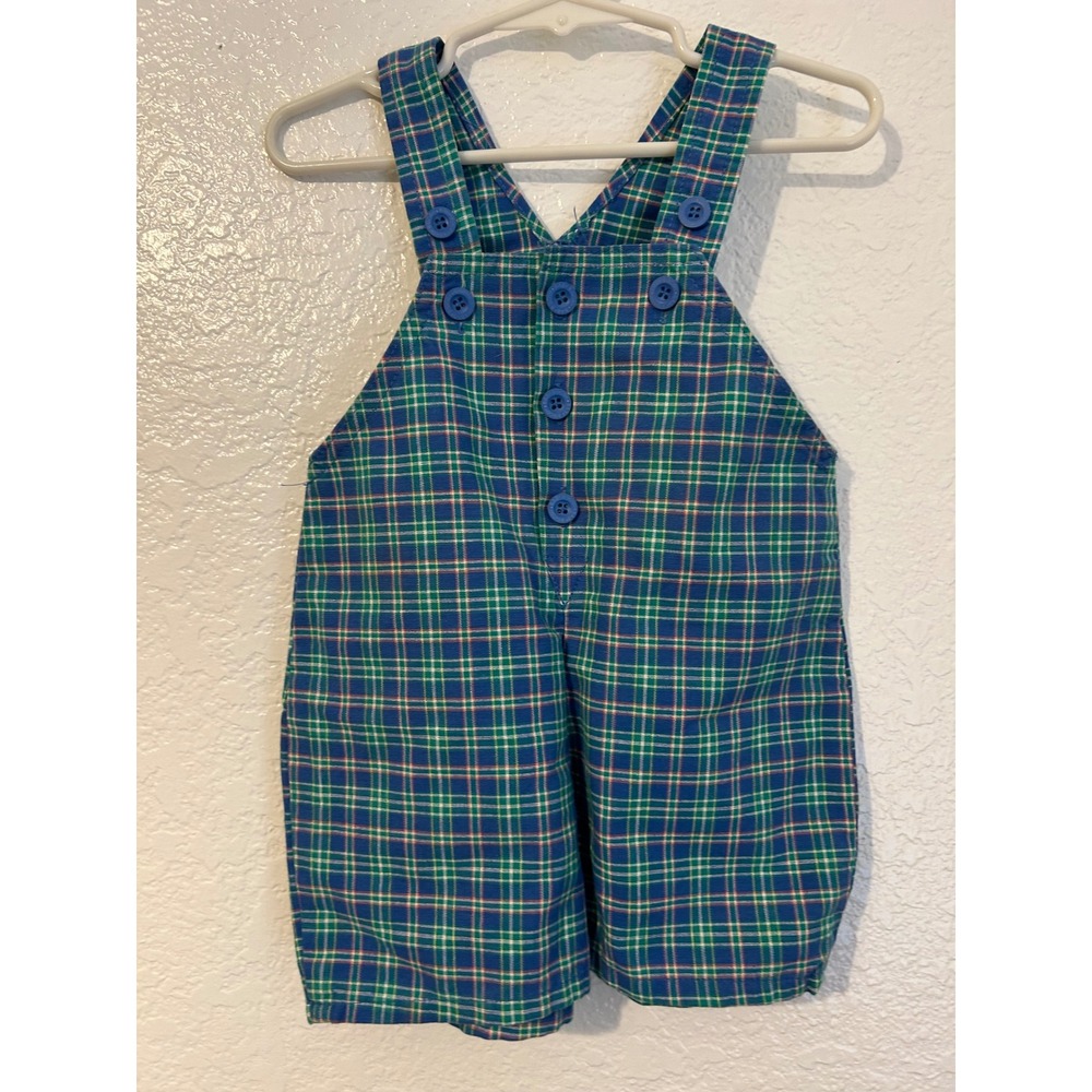 Vintage OshKosh Bgosh Vestbak Plaid Shortalls Green Blue Made in USA 12M